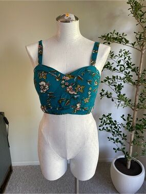 (S) Padded Teal Floral Crop Bustier Top